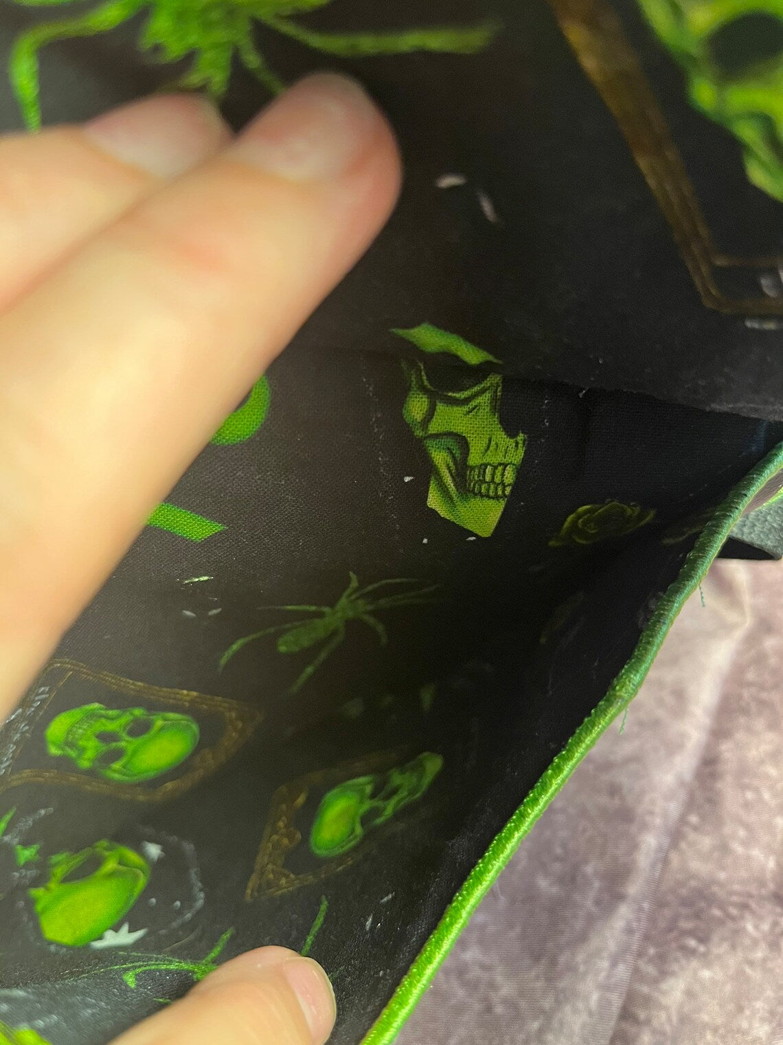 Batwing and Spiderweb with Bright Green Stitching Crossbody Bag. Clutch Purse