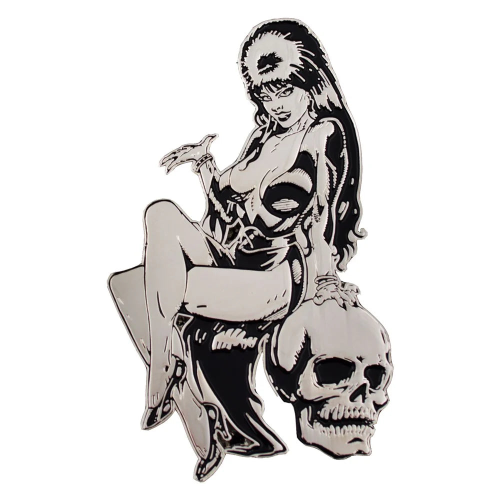 Elvira Silver Comic Skull Enamel Pin