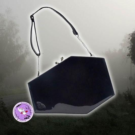 Skull Kiss Lock Deluxe Patent Coffin Handbag by Kreepsville