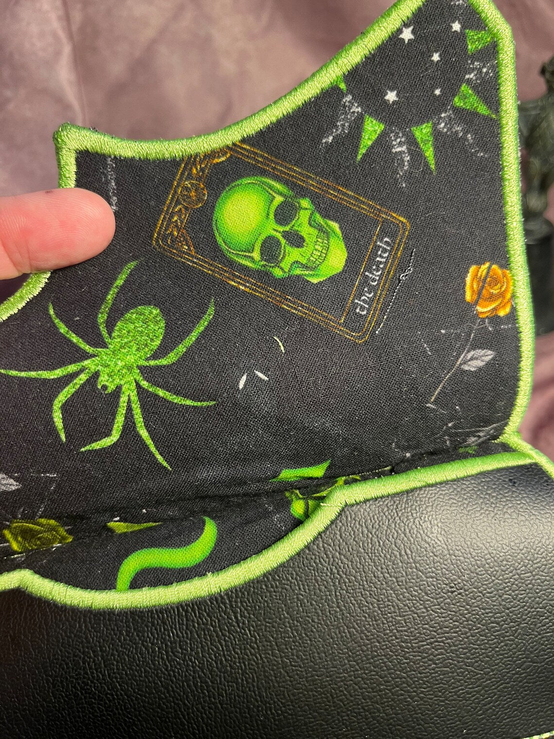 Batwing and Spiderweb with Bright Green Stitching Crossbody Bag. Clutch Purse