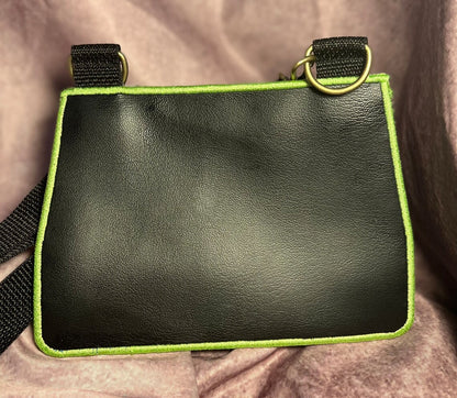 Batwing and Spiderweb with Bright Green Stitching Crossbody Bag. Clutch Purse