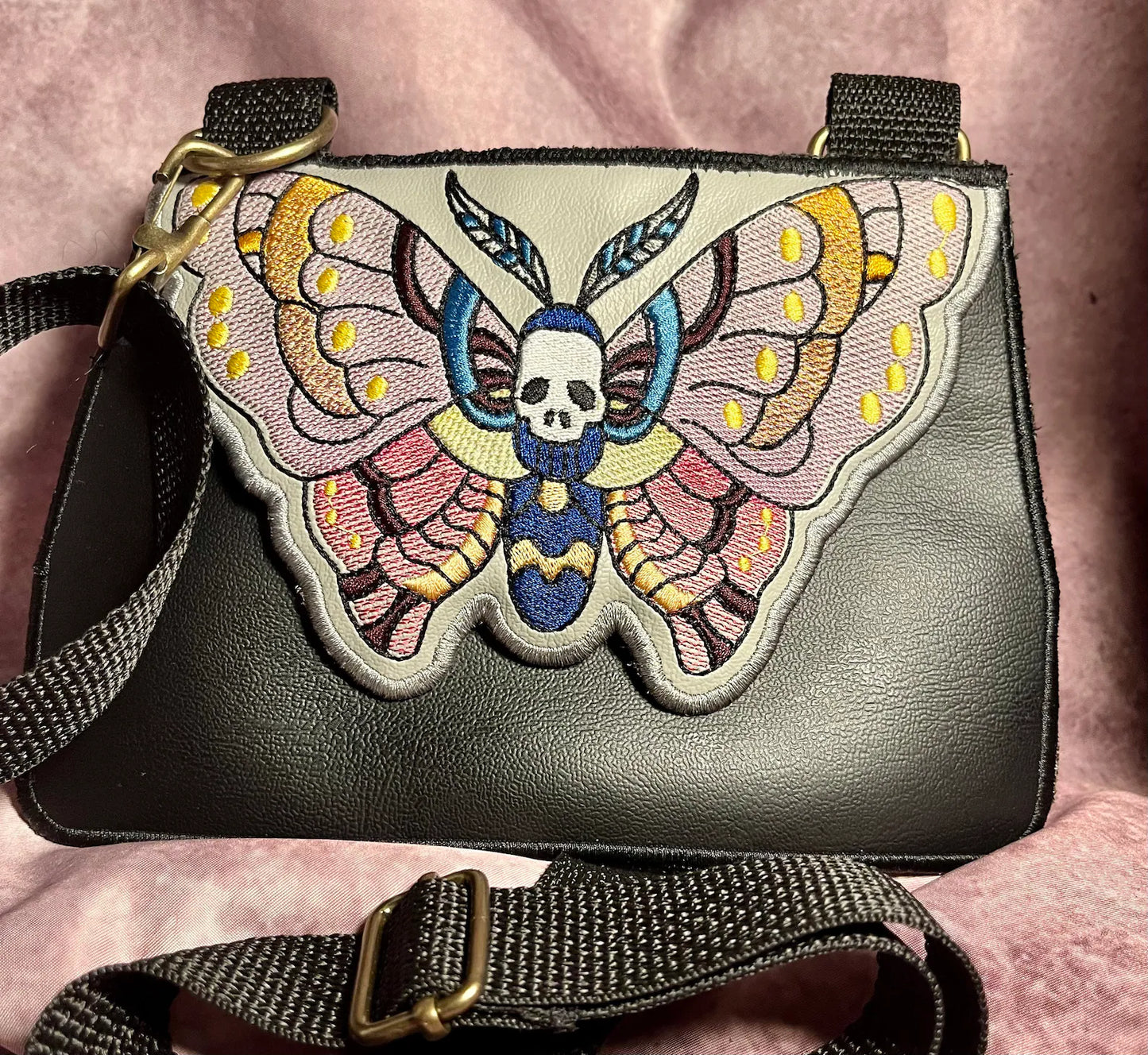 Embroidered Deaths' Head Moth Crossbody Bag. Clutch Purse
