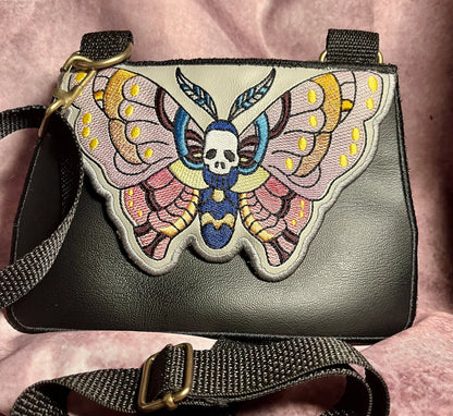 Embroidered Deaths' Head Moth Crossbody Bag. Clutch Purse