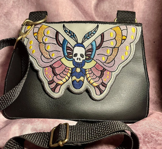 Embroidered Deaths' Head Moth Crossbody Bag. Clutch Purse